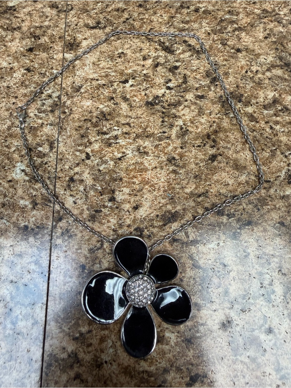 Black Enamel Flower Statement Pendant Necklace Rhinestone Center Silver 2.5”